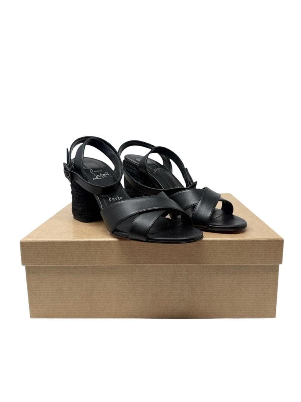 Christian Louboutin Summer Mariza Black Leather Rafia Block Heel Sandals Size 38